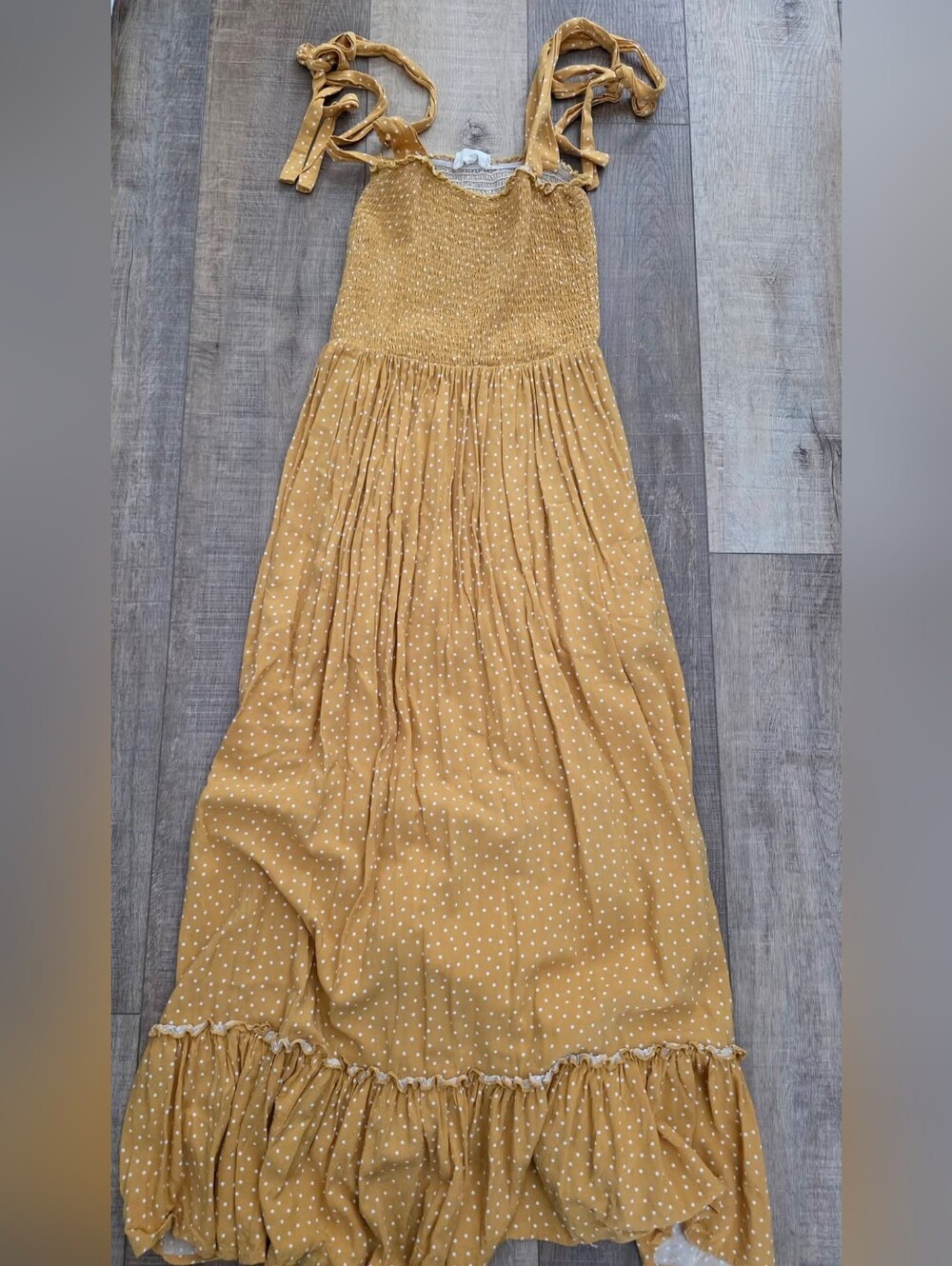 By Together Size Small Mustard Polka Dot Tie-Shoulder Maxi Dress